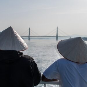 bridge, ship, sea, nature, hats, people
